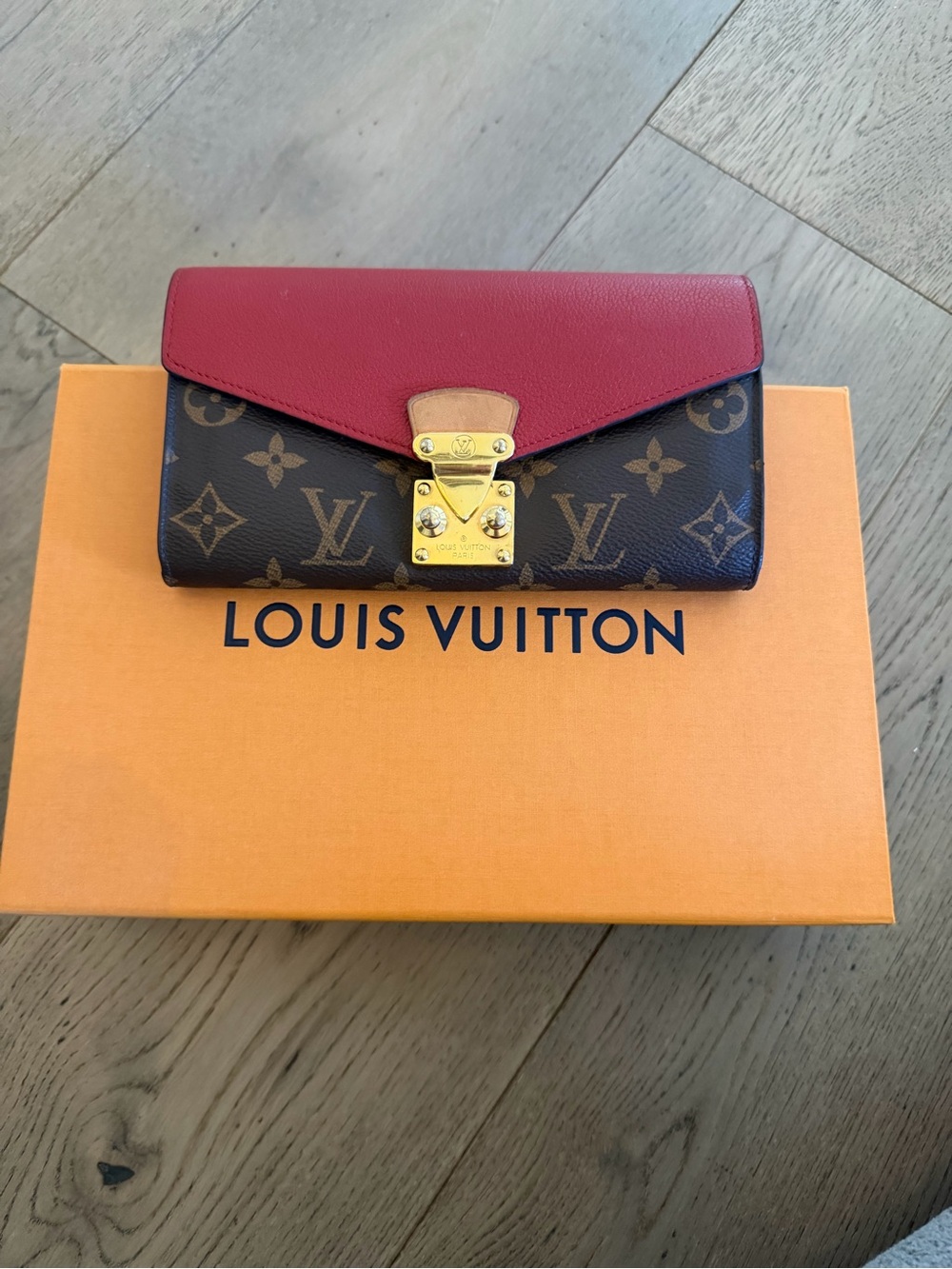 Louis Vuitton Monogram Canvas Red Leather Envelope Wallet with Gold Lock